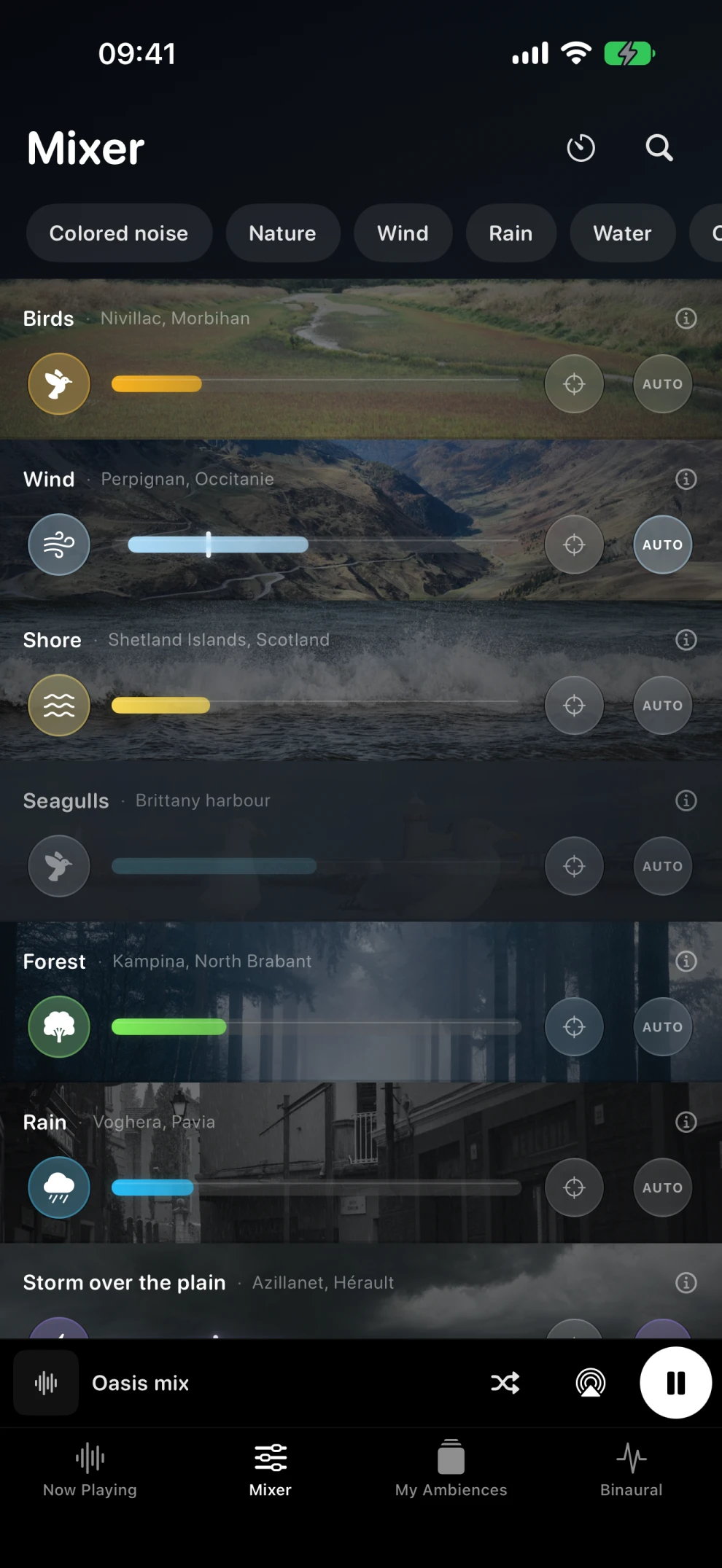 Oasis mixer on iPhone with several sounds adjusted independently