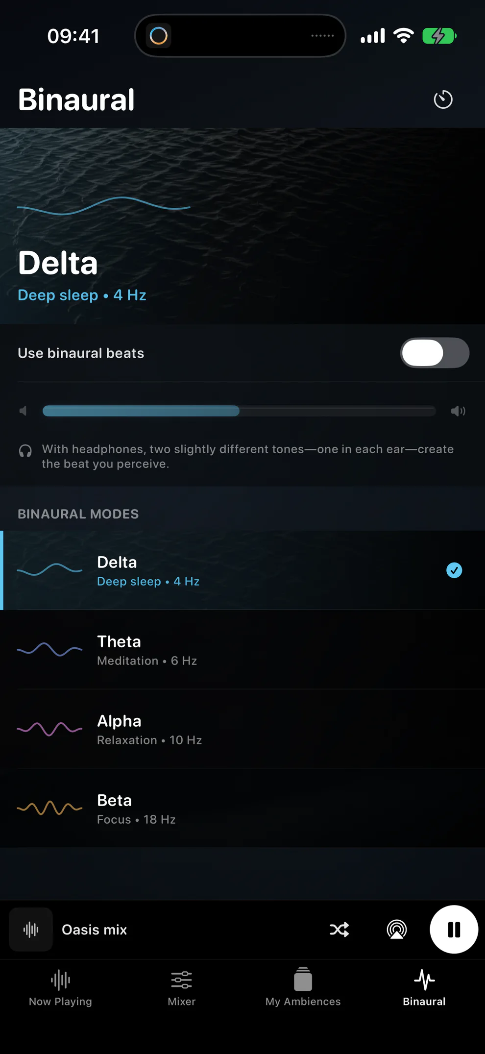 Delta, Theta, Alpha, and Beta binaural mode selection