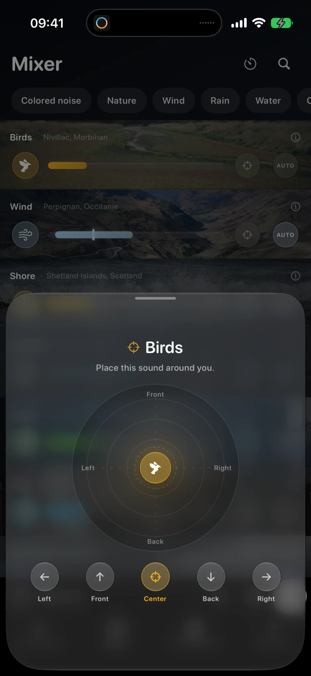 Control for placing a sound to the left, right, front, back, or center