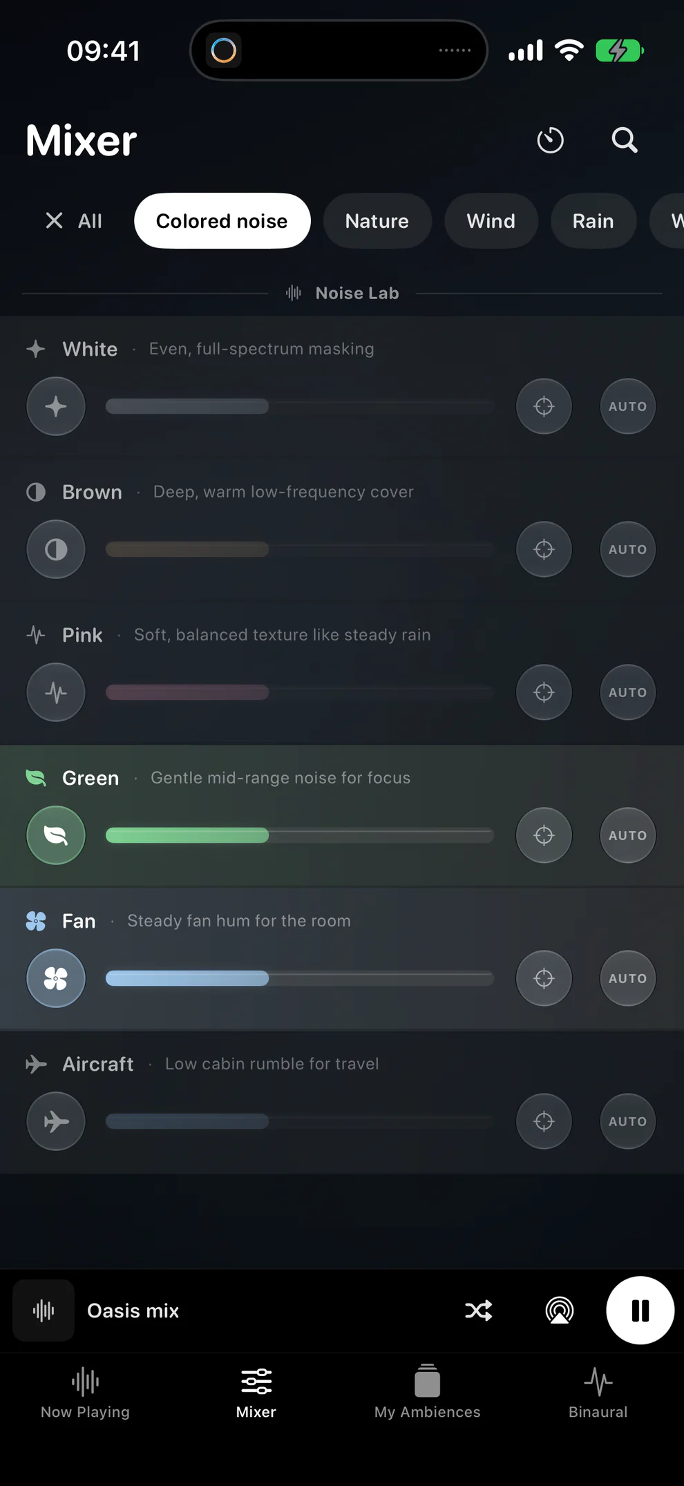 Controls for white, brown, pink, and green noise, fan, and airplane cabin sounds