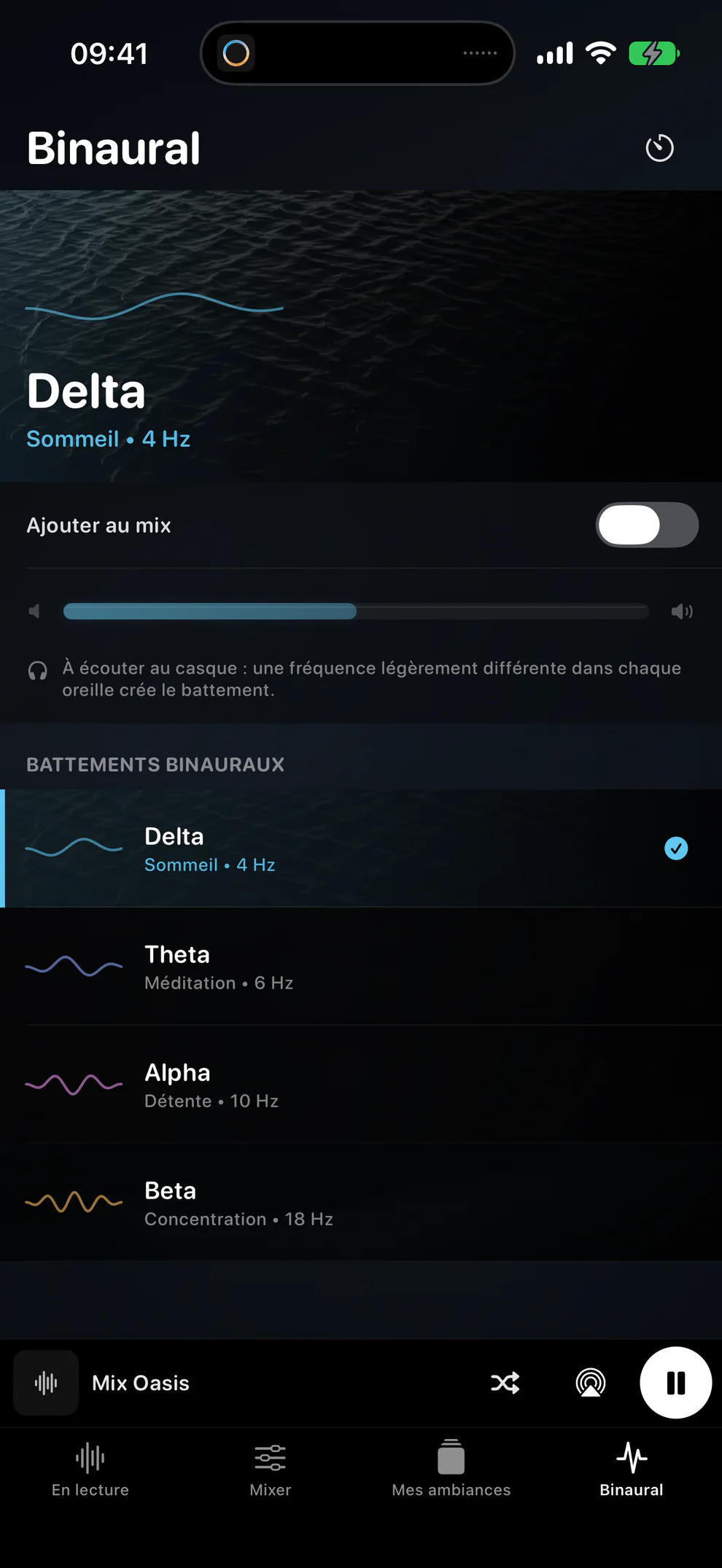 Écran complet des quatre modes binauraux Oasis en français
