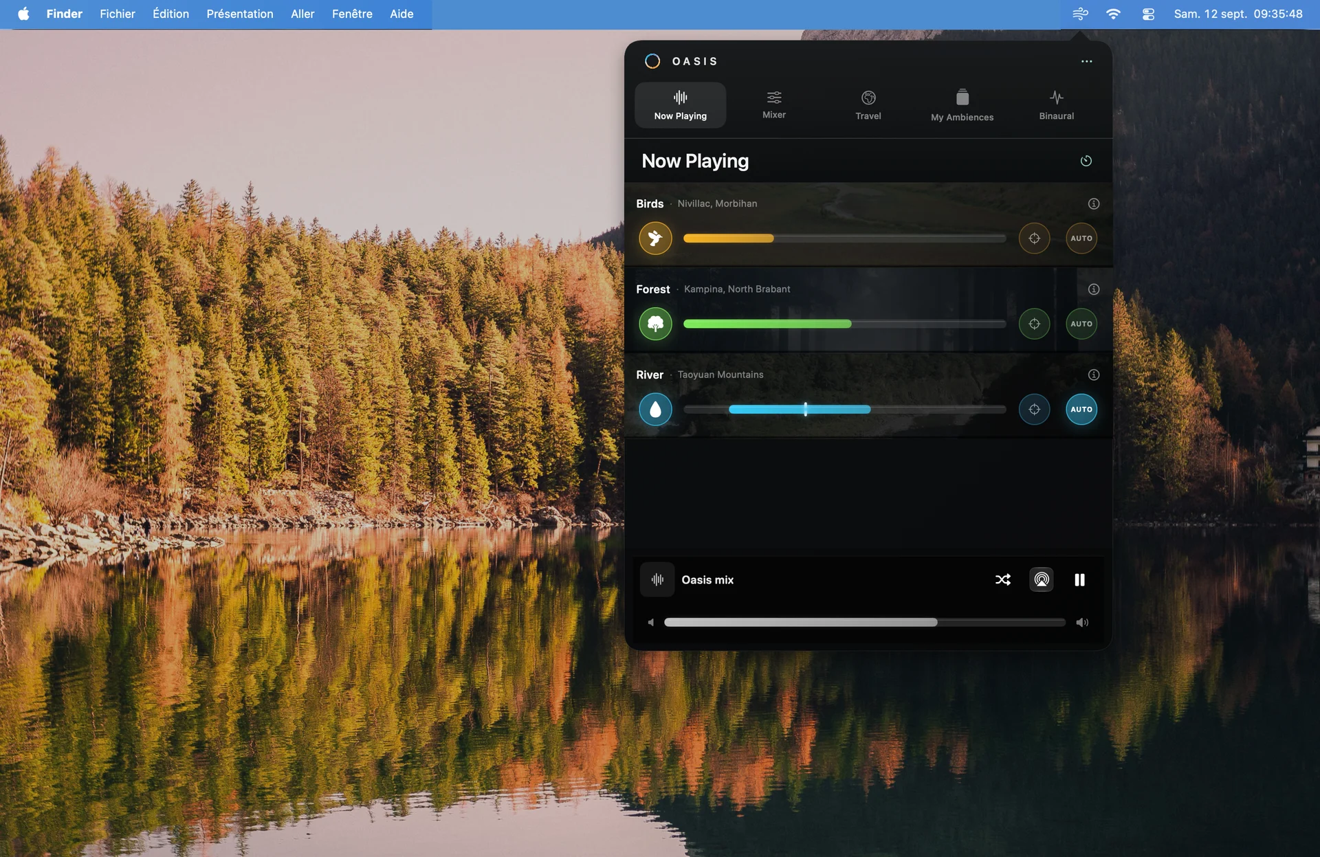 Oasis in the Mac menu bar, with its sound mixing panel open over a forest and lake desktop