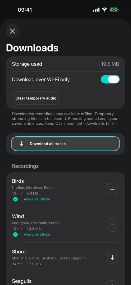Oasis Downloads with Birds and Wind available offline and Shore still to download