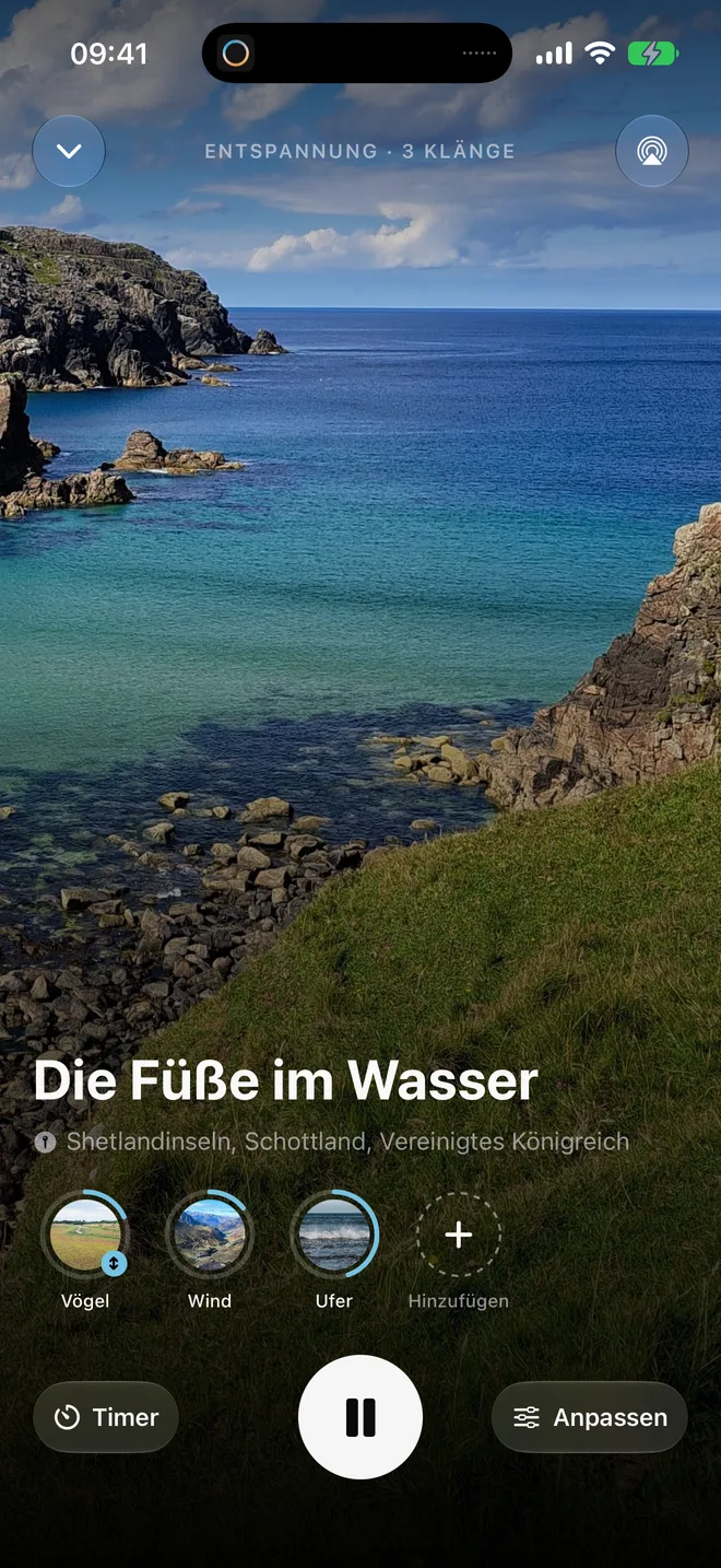 Der Oasis-Player auf dem iPhone: „Die Füße im Wasser“ mit den Klängen Vögel, Wind und Ufer