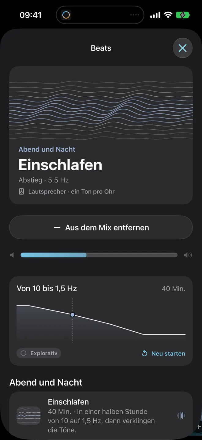 Das Beats-Programm „Einschlafen“ und seine absteigende Kurve von 10 bis 1,5 Hz