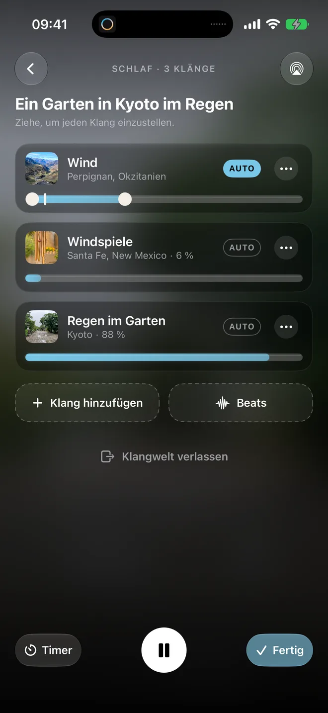 Einstellungen pro Klang: Wind, Windspiele und Regen im Garten