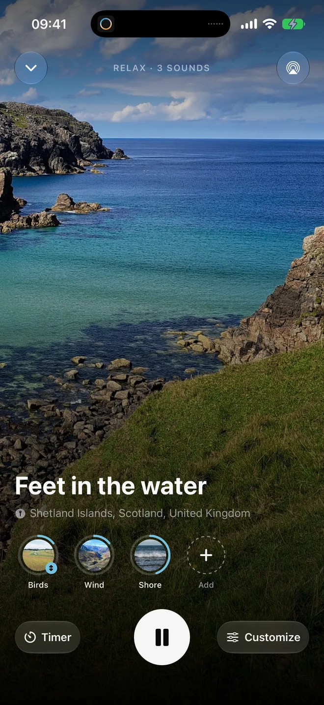 The Oasis player on iPhone: Feet in the water, with Birds, Wind and Shore