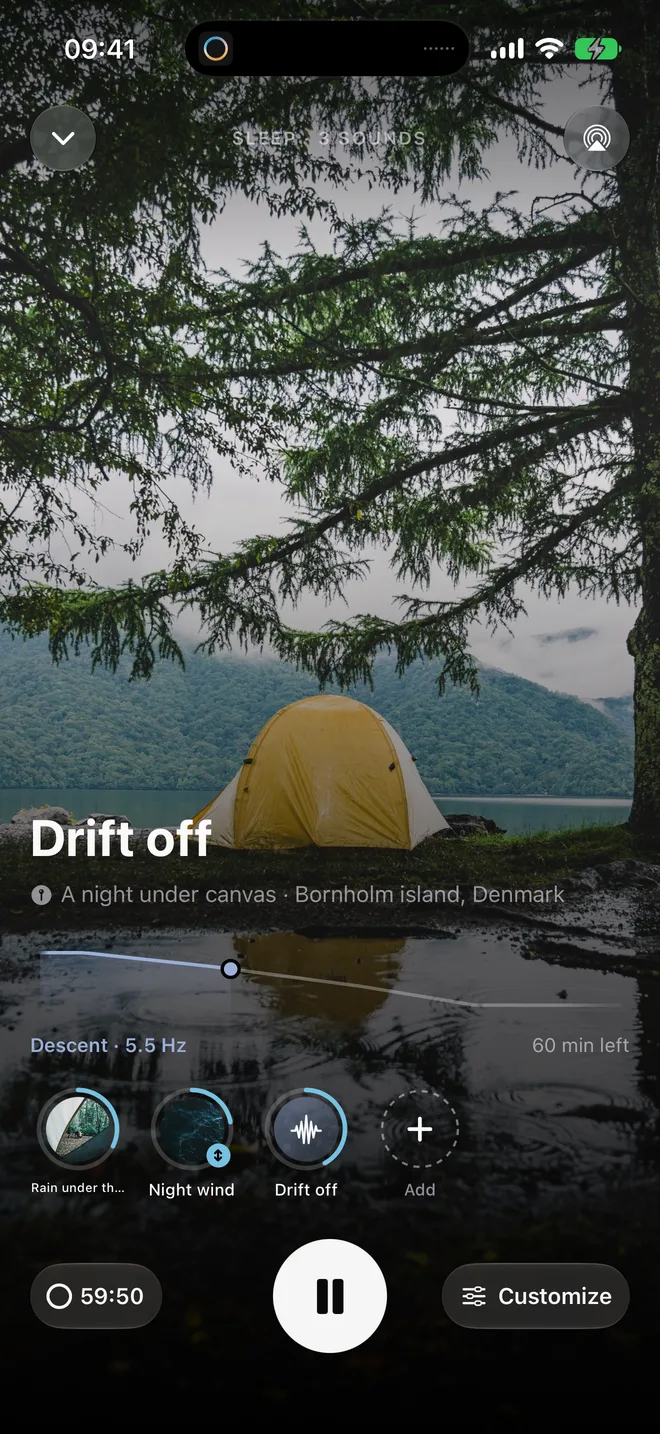 The Drift off session in Oasis, in a tent by a lake
