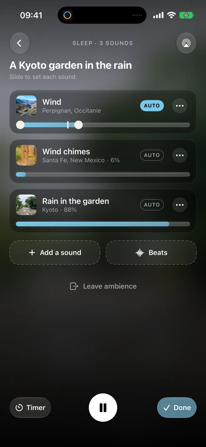 Per-sound controls: Wind, Chimes and Rain in the garden