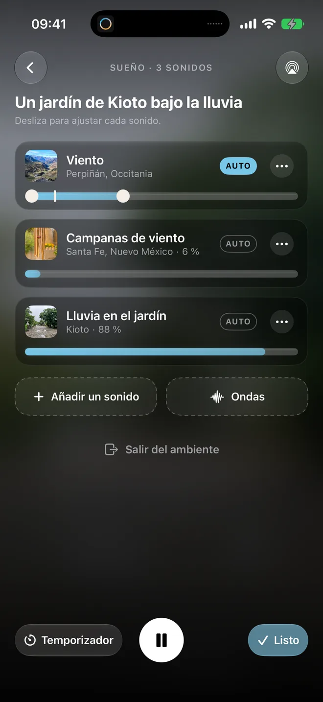 Ajustes por sonido: Viento, Campanas de viento y Lluvia en el jardín