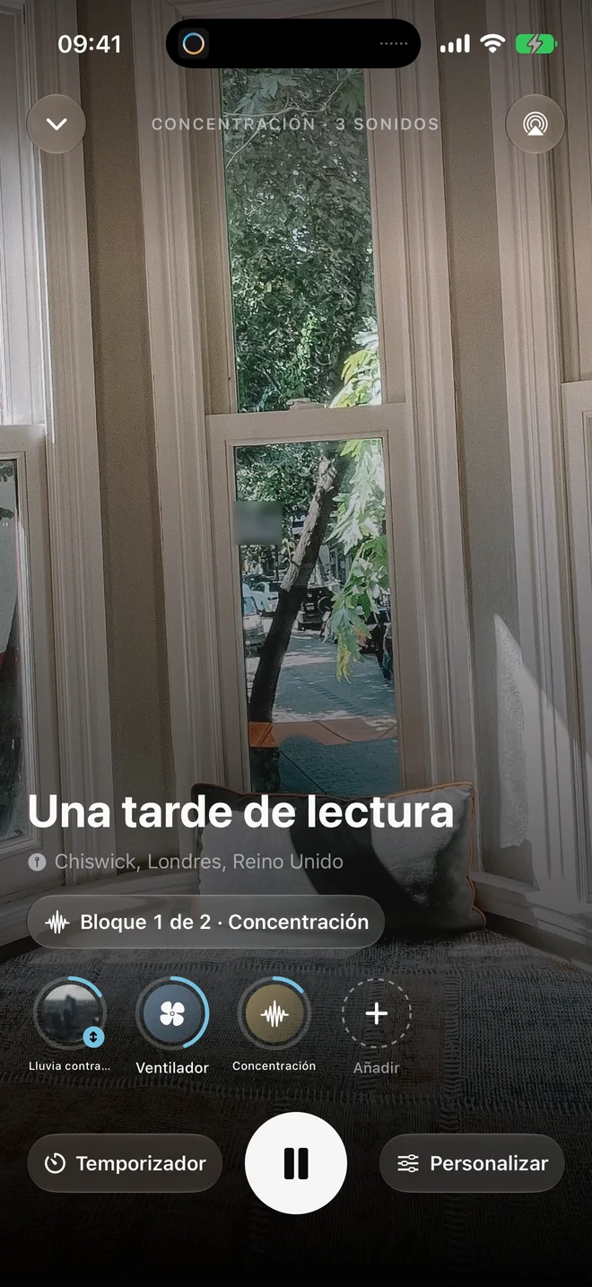 Un bloque de concentración en Oasis: bloque 1 de 2, con lluvia, ventilador y ondas Concentración