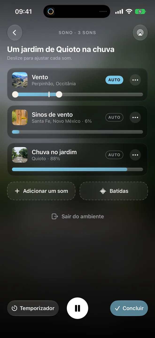 Ajustes de cada som: Vento, Sinos de vento e Chuva no jardim